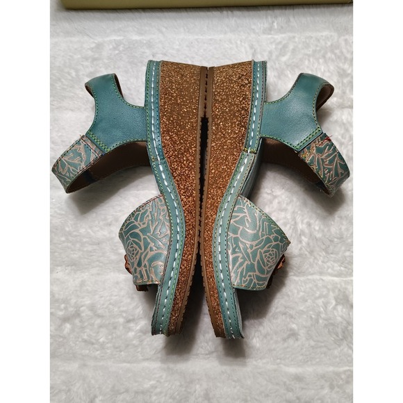 NEW L'Artiste by Spring Step Leather Wedge Sandals Cuteness Teal Multi Sz 38 - Picture 4 of 10